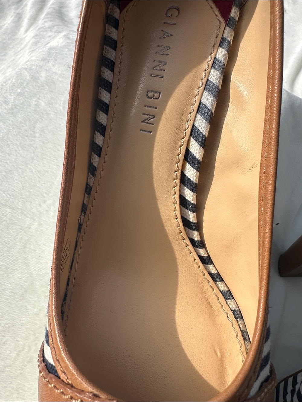 Gianni Bini Navy and White Striped Peep-Toe Heels with Tan Trim - Picture 6 of 8